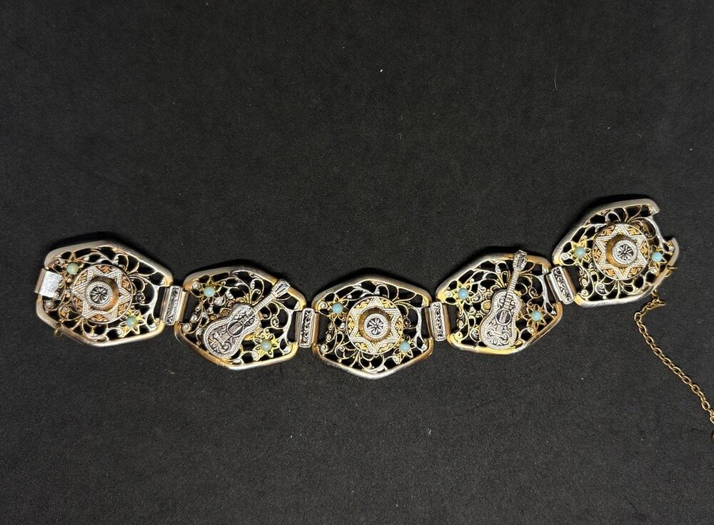 Vintage 1950s Spanish Toledo Guitar Hat Faux Damascene Brass Bracelet Blue Glass